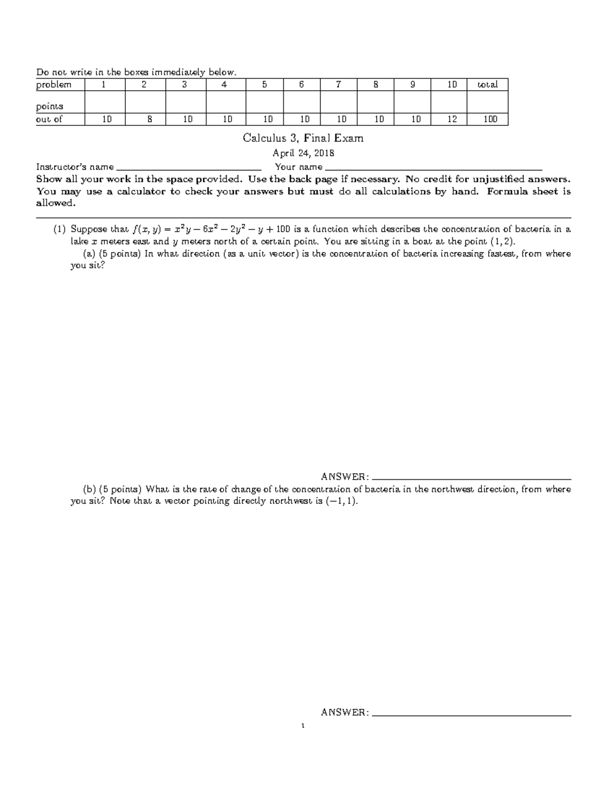 Calc3 Spring 18 Final Exam Solutions and Answers - Studocu