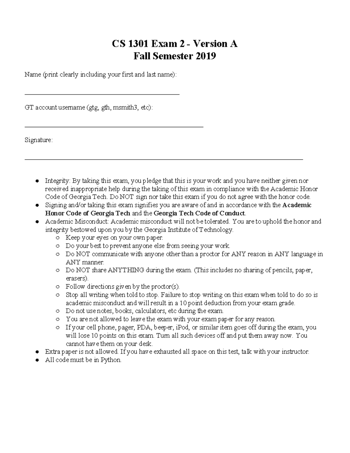 CS 1301 Fall 2019 - Exam 2 - Overview and Instructions - Studocu
