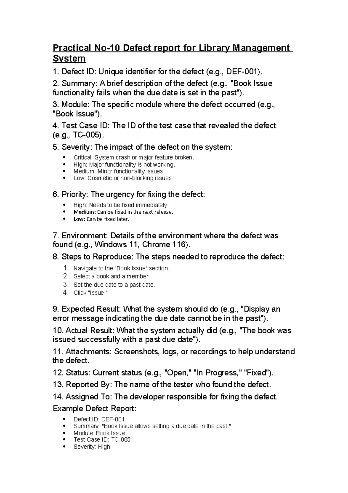 STE Practical 10: Defect Report on Library Management System - Studocu
