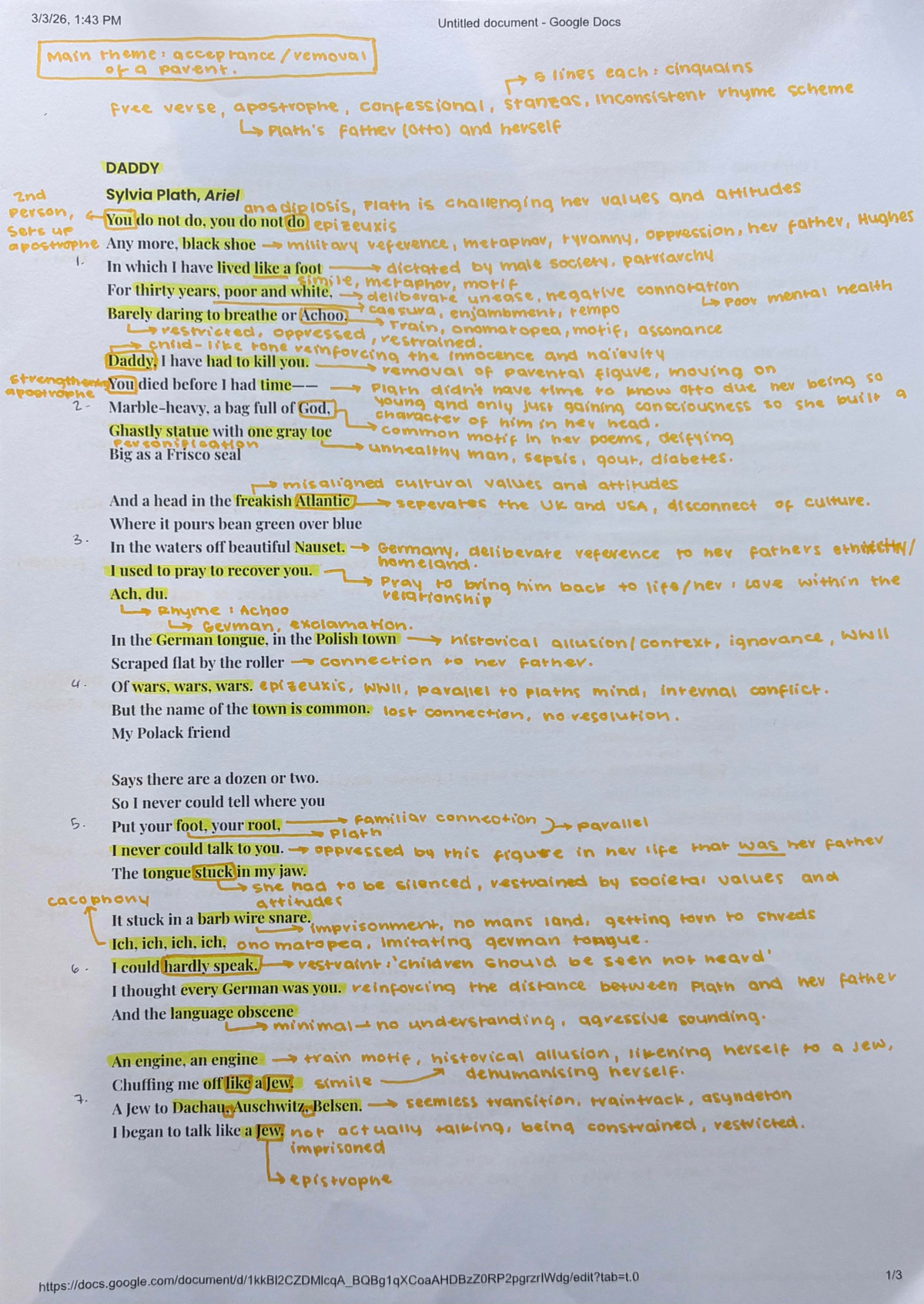 SYA 101: Annotation of Sylvia Plath's Poem "Daddy" - Studocu