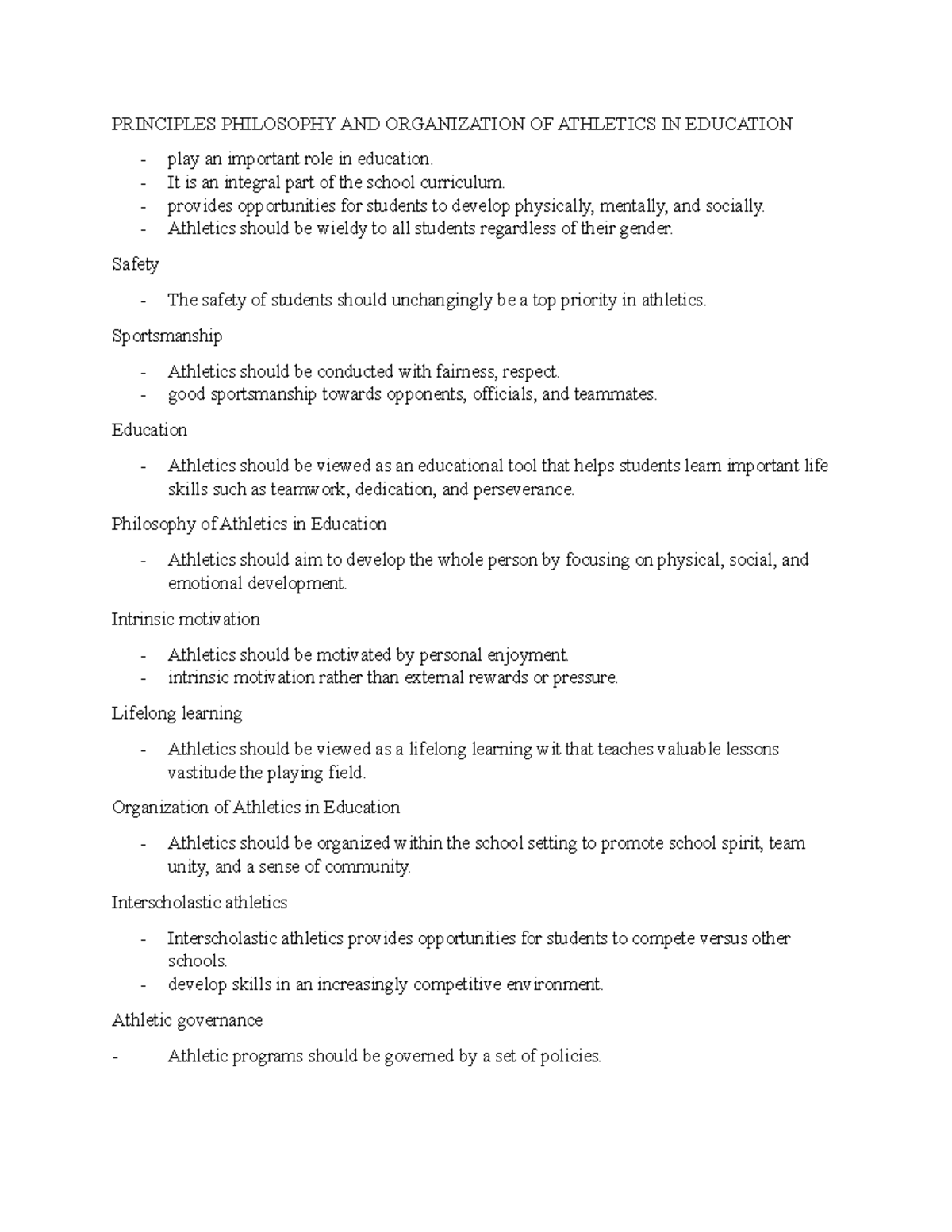 Principles Philosophy AND Organization OF Athletics IN Education Notes ...