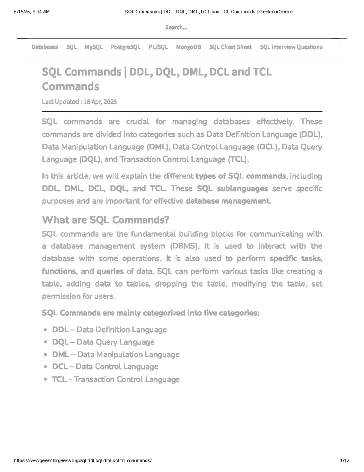 SQL Commands Overview: DDL, DQL, DML, DCL, and TCL - Studocu