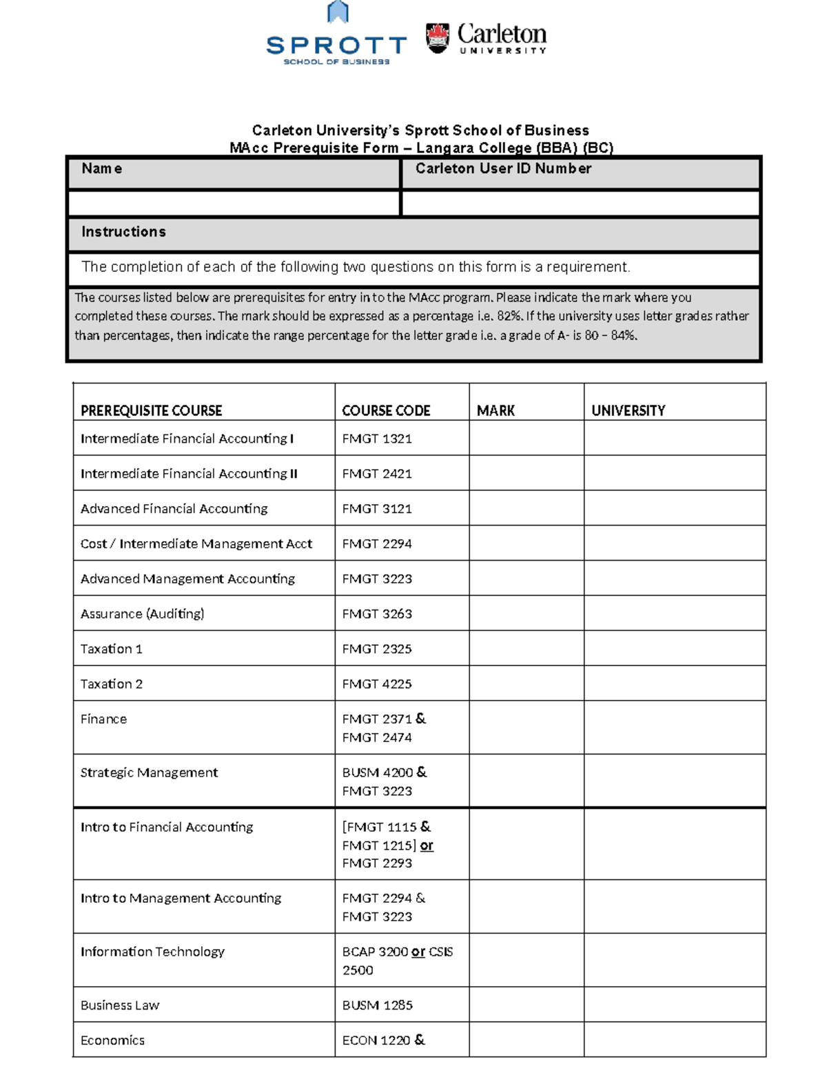 Langara College BBA MAcc Prerequisite Form Instructions - Studocu