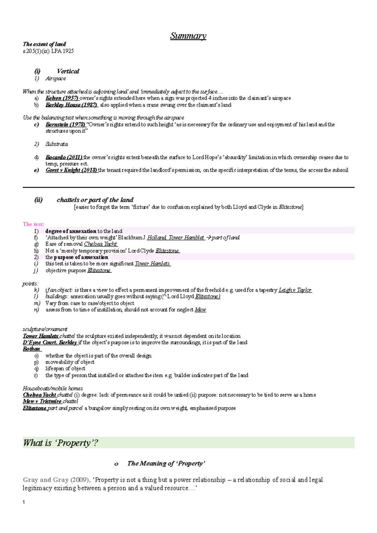 Fixtures - Summary The extent of land s(1)(ix) LPA 1925 (i) Vertical ...