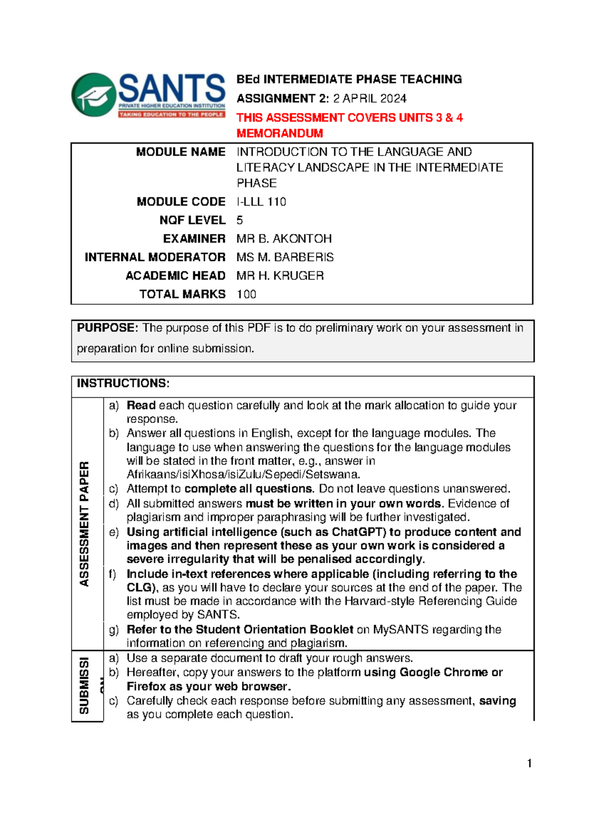 BEd 110 Intermediate Phase Teaching Assignment 2: Language & Literacy ...