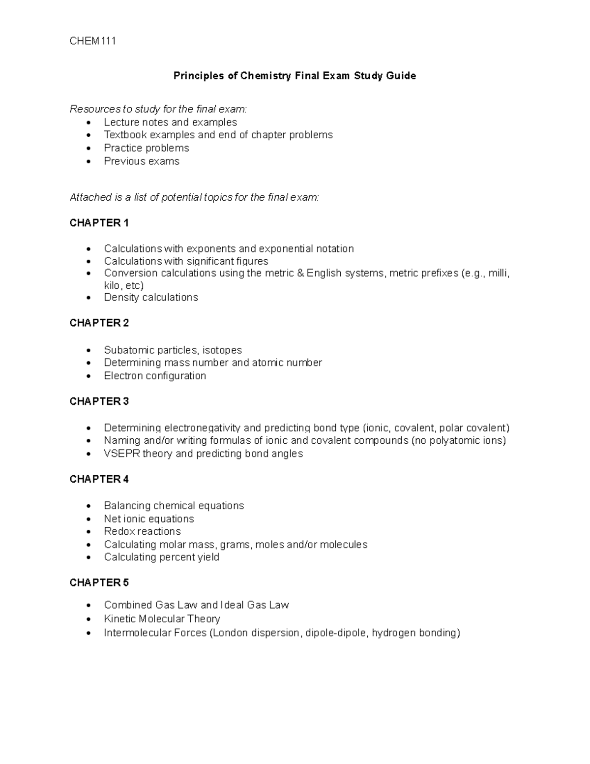 CHEM111 Principles of Chemistry Final Exam Study Guide - Studocu