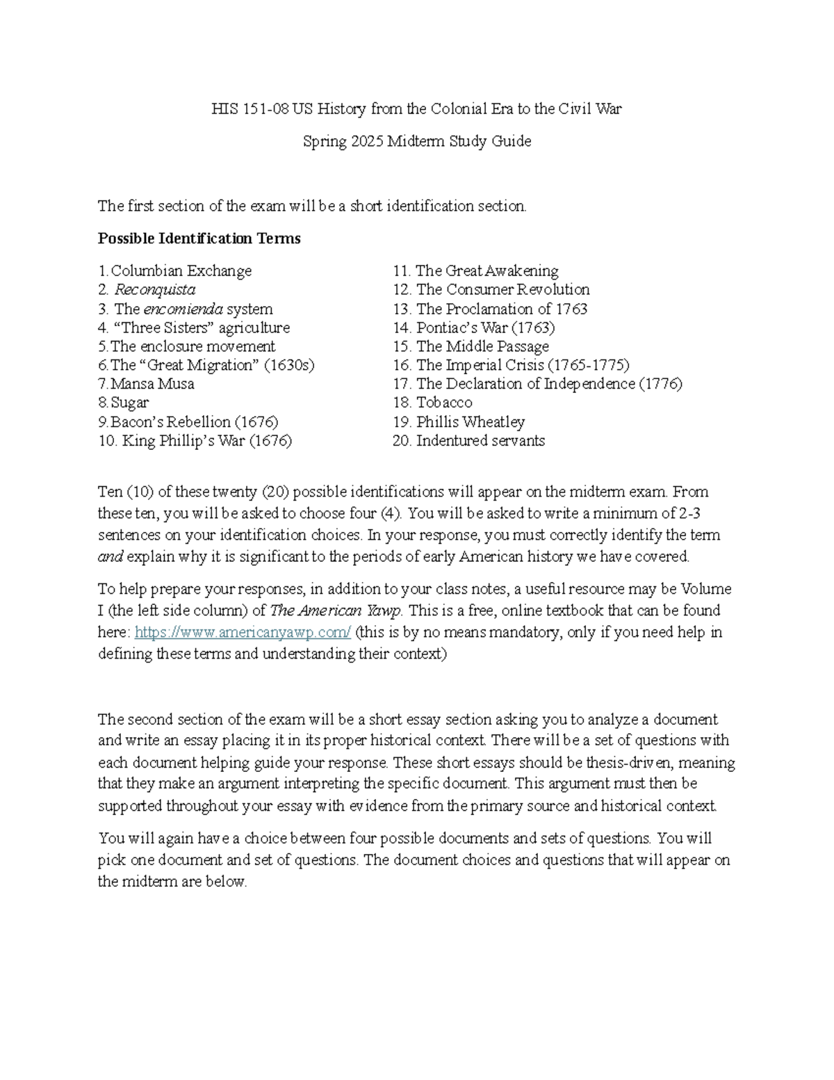 HIS 151 Spring 2025 Midterm Study Guide: Key Terms & Essay Topics - Studocu