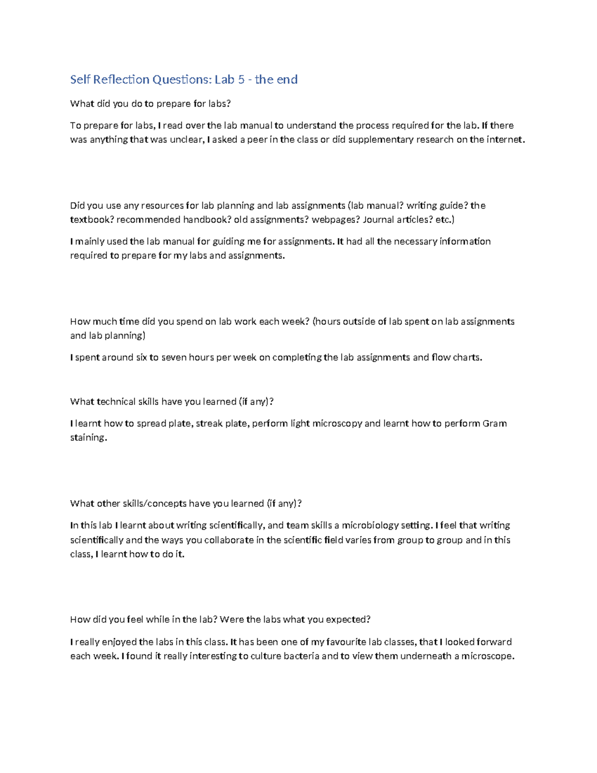 Self-reflection Part 2 (1) (1) - Self Reflection Questions: Lab 5 - the ...