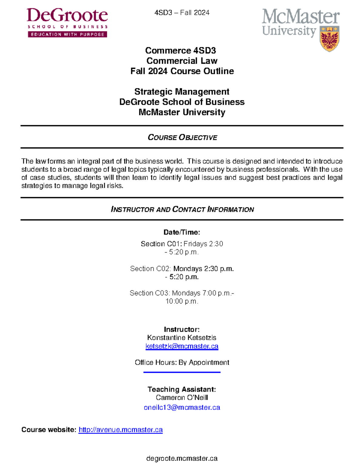 4SD3 Fall 2024 Commercial Law Course Outline and Exam Details - Studocu