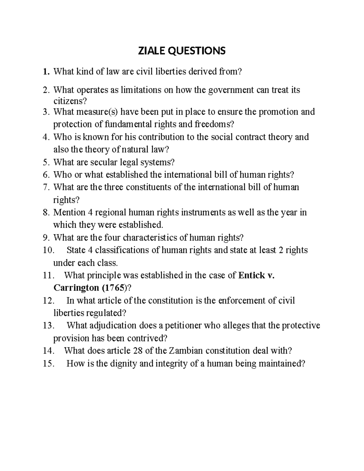 ZIALE Civil Liberties & Human Rights Questions - PaspPapers - Studocu