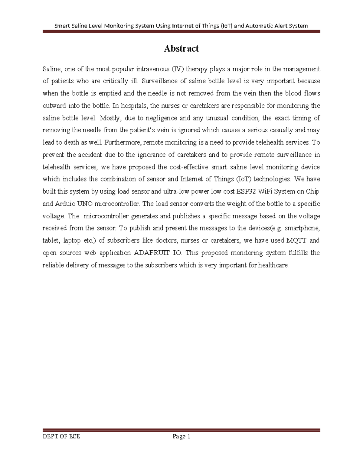 Smart Saline Level Monitoring System Using IoT: Automatic Alerts - Studocu