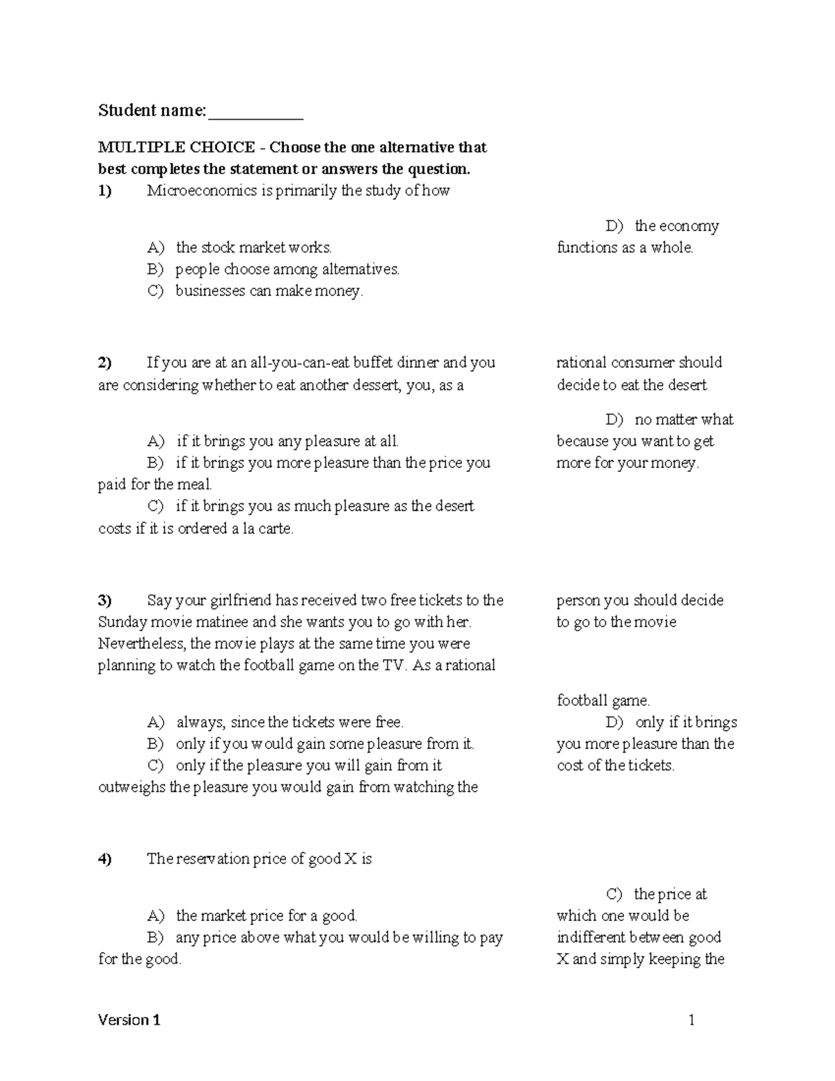Chapter 1 version 1 - Student name:__________ MULTIPLE CHOICE - Choose ...