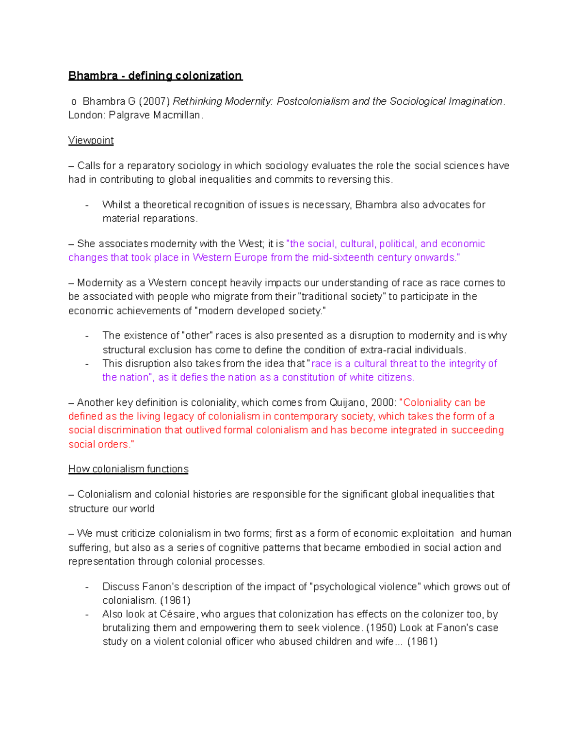SOC1 Transnational Inequalities - Bhambra - defining colonization o ...