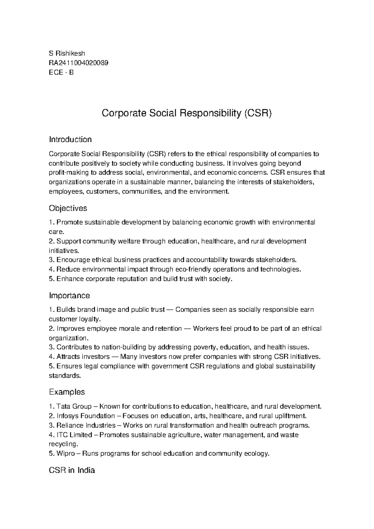 Corporate Social Responsibility (CSR) Overview - RA2411004020089 ECE B ...