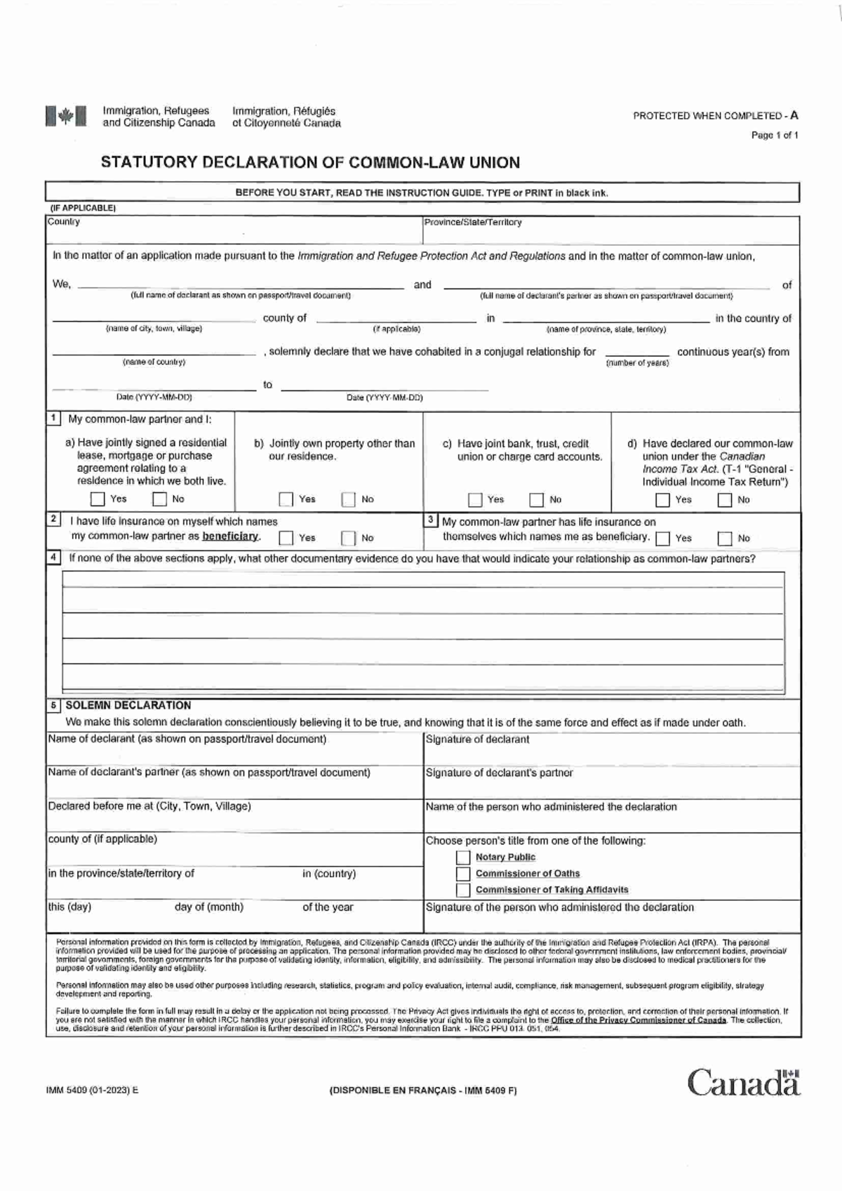 S.01.03.23 - Statutory Declaration of Union for Immigration Purposes ...