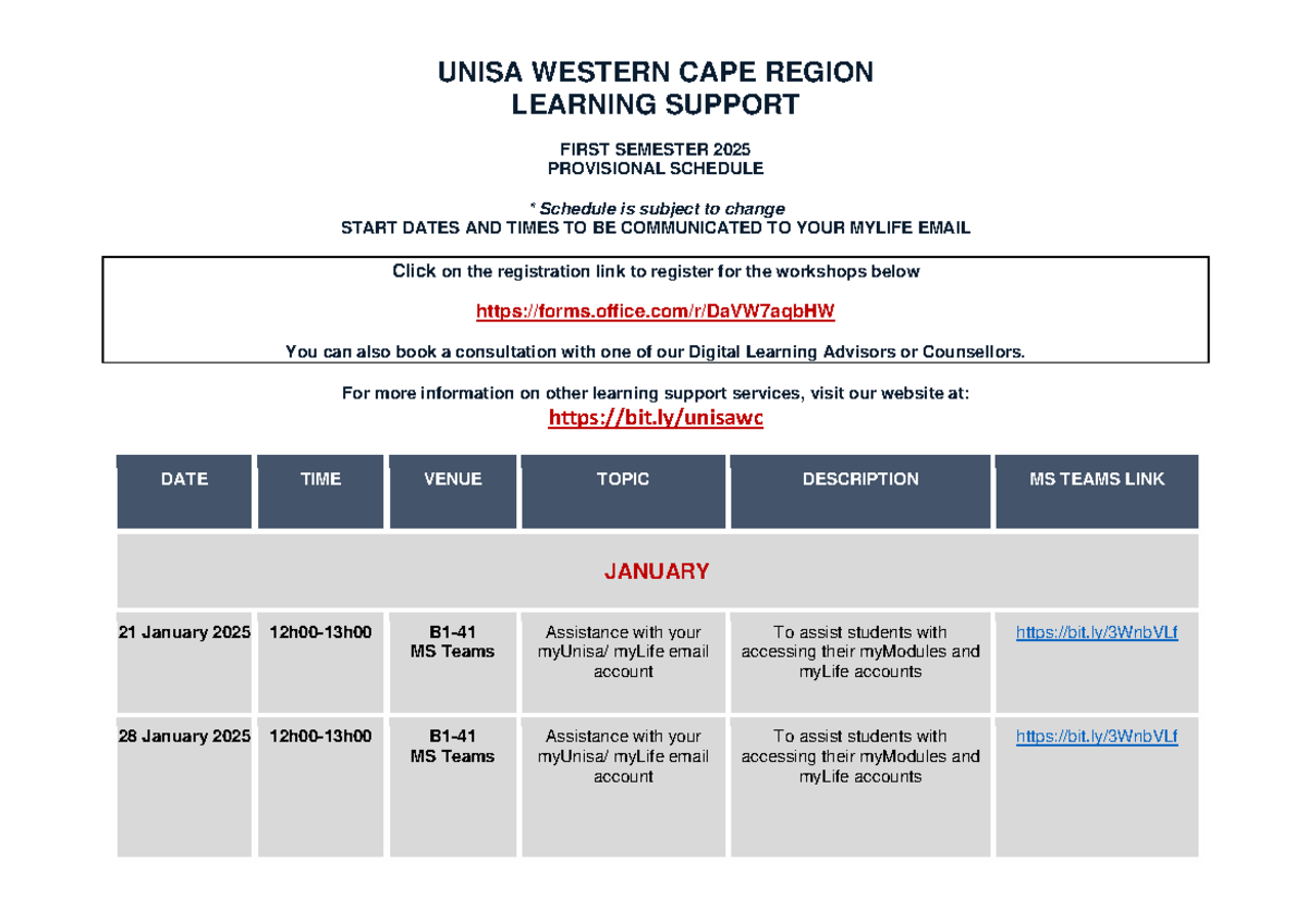 UNISA WC 2025 Provisional Learning Support Schedule - Studocu
