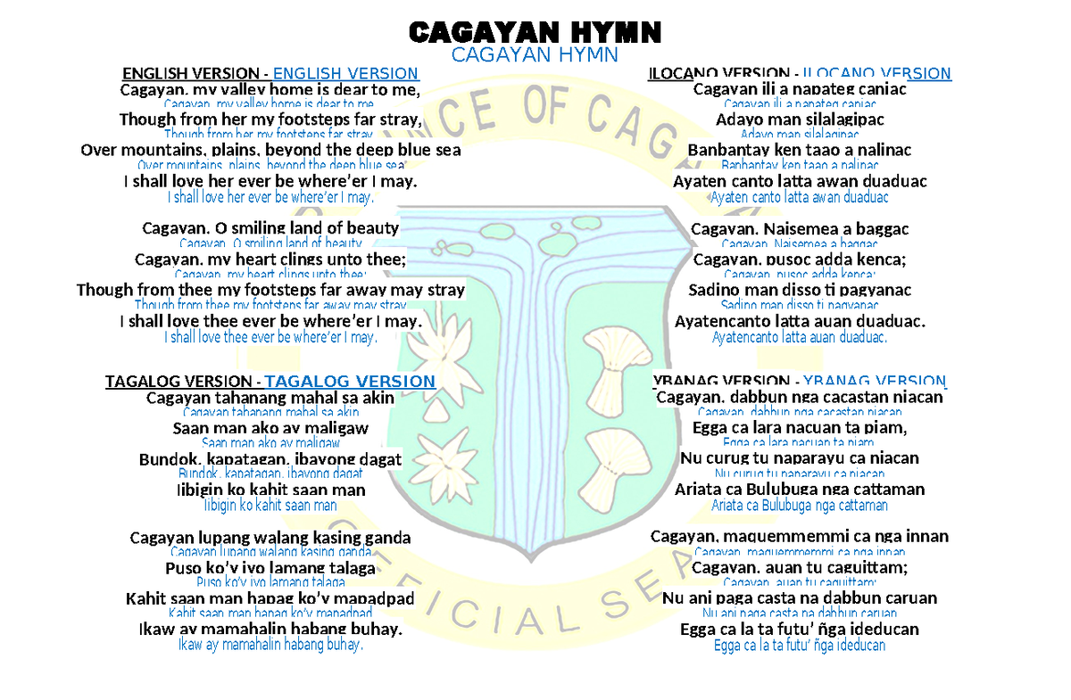CAGAYAN HYMN: English, Tagalog, Ilocano & Ybanag Versions - Studocu