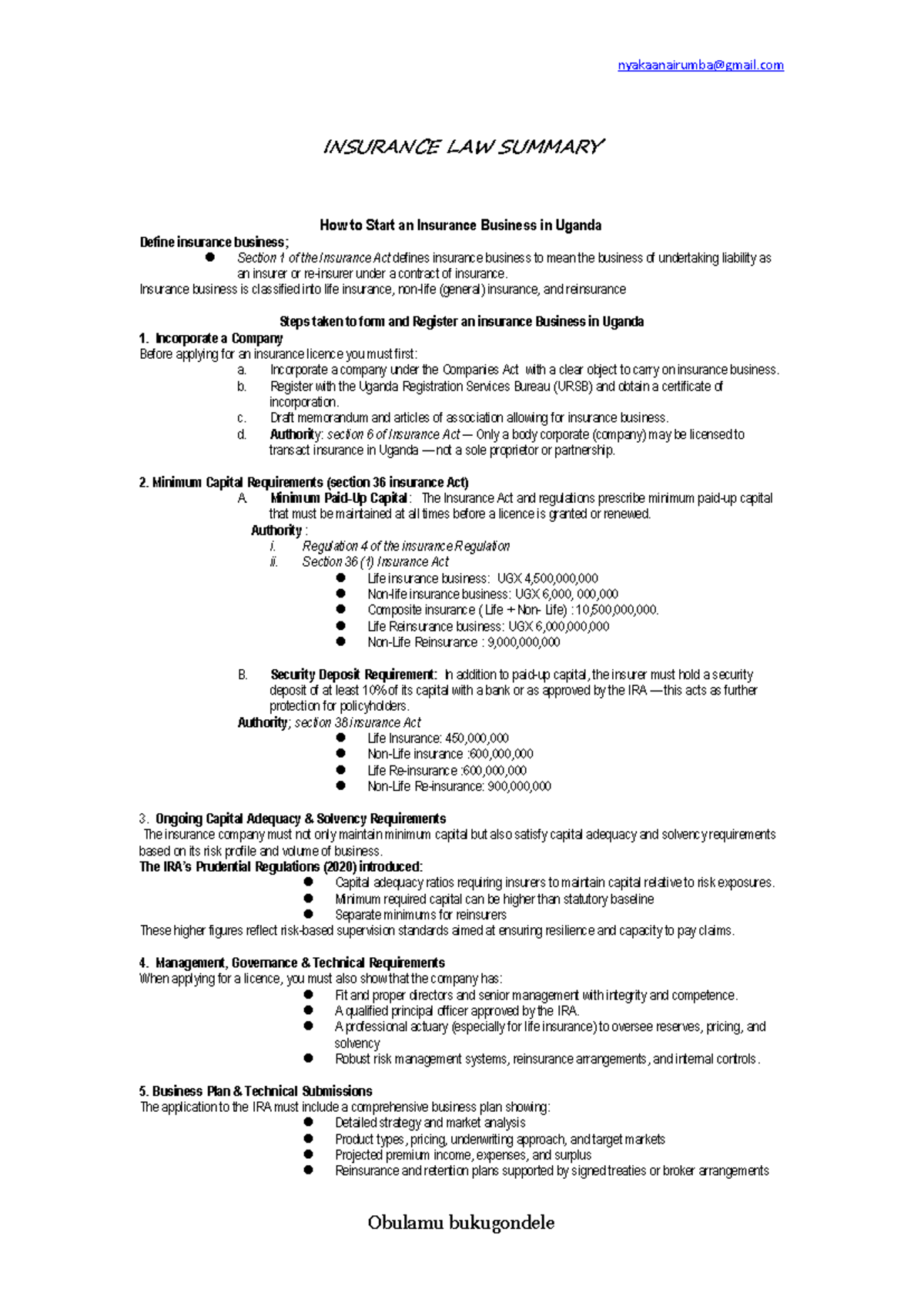 Insurance Law Summary: Starting an Insurance Business in Uganda - Studocu