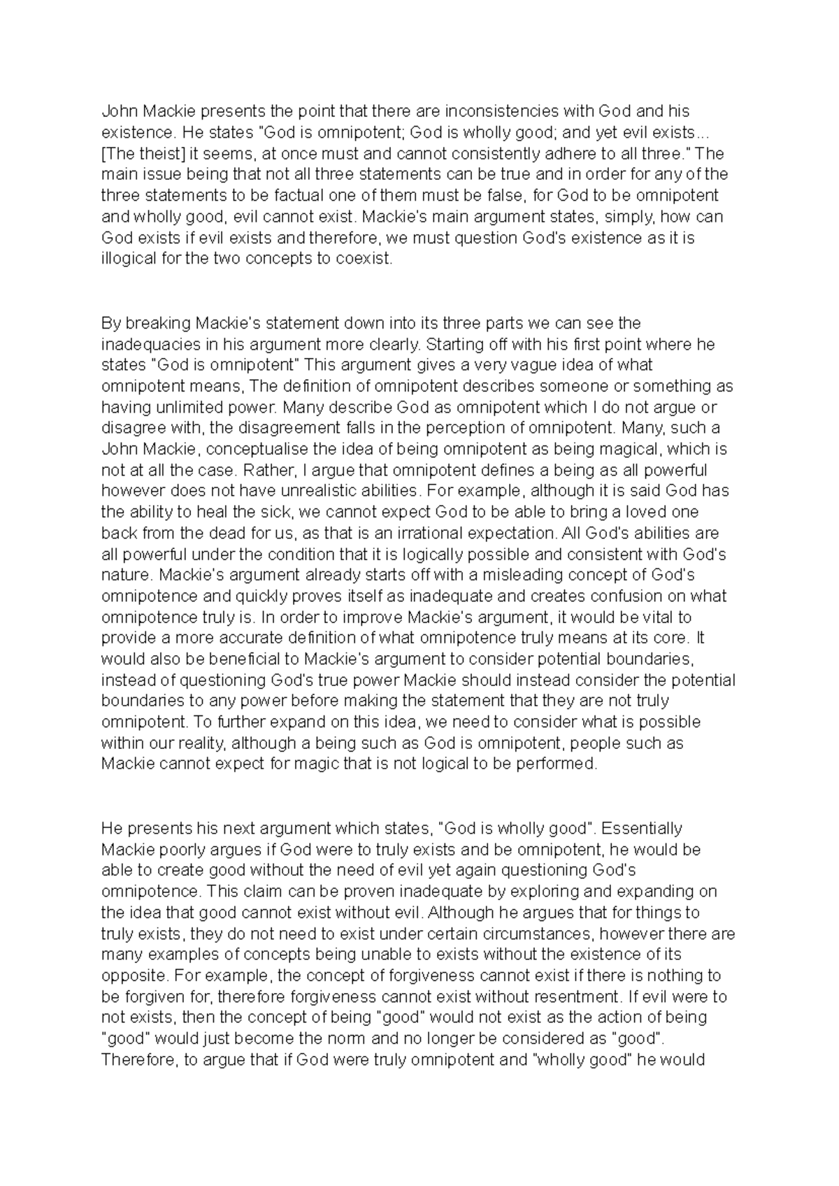 Phil 101 Final Exam Essay: Analyzing Mackie's Argument on God and Evil ...