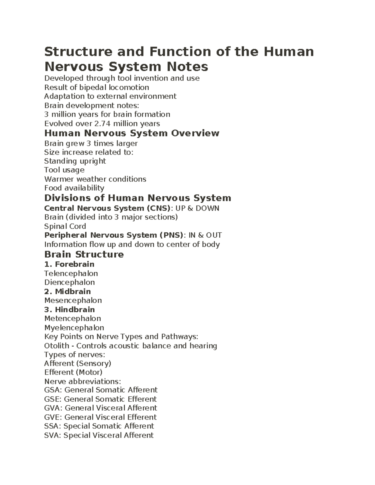 Human Nervous System Overview and Key Concepts Notes (BIO 101 ...