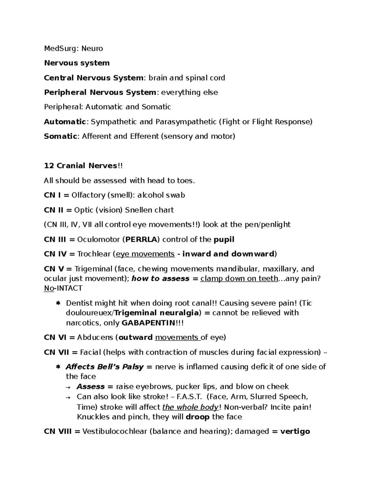 MedSurg: Neuro Exam Notes on CNS & PNS Assessment Techniques - Studocu