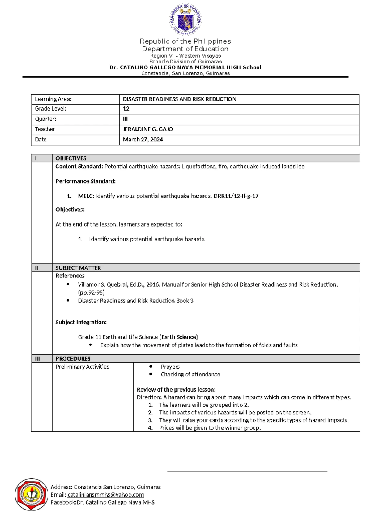 Disaster Readiness and Risk Reduction Grade 12 Lesson Plan 2022 - Studocu