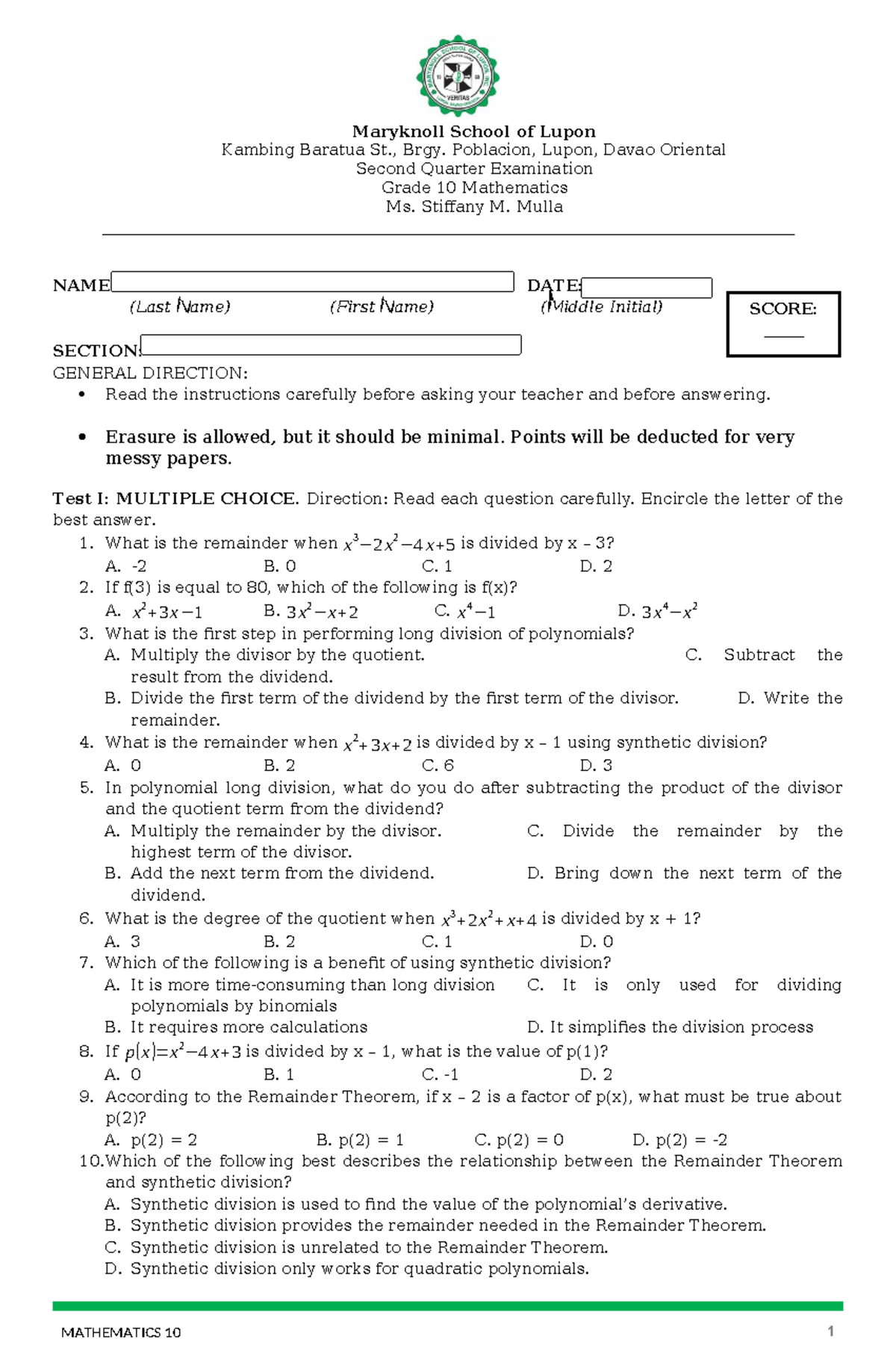MATH10 2ND Qtr Exam: Comprehensive Review & Test Questions - Studocu