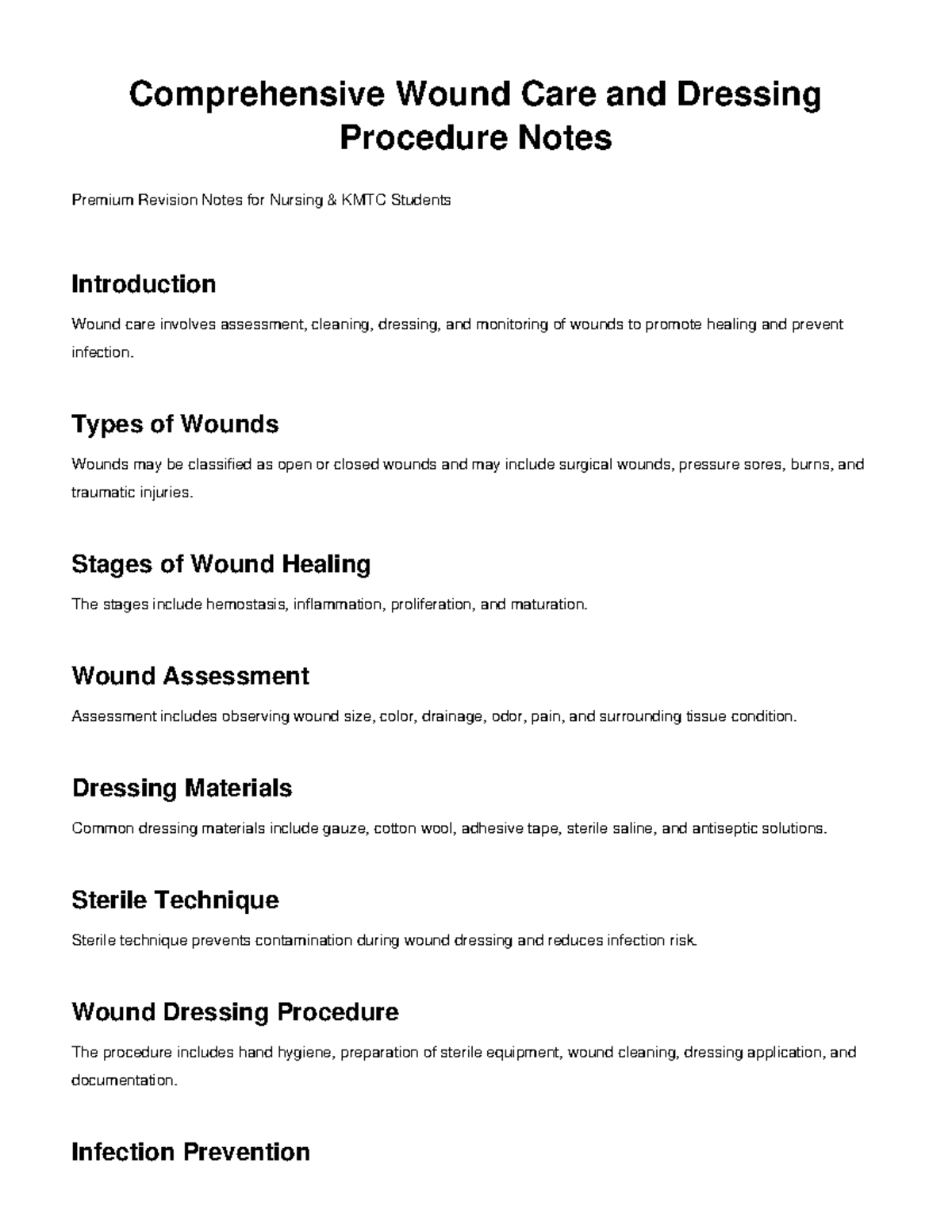 KMTC Nursing: Comprehensive Wound Care & Dressing Procedure Notes - Studocu