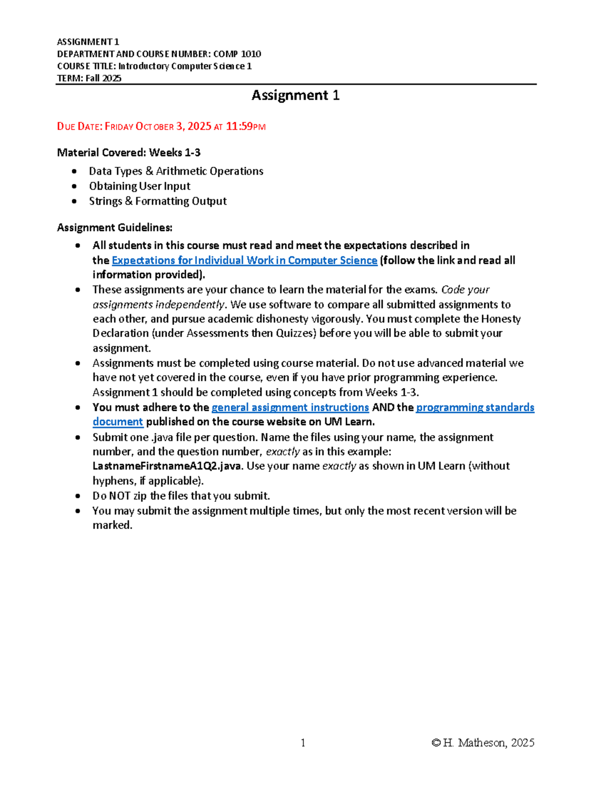 Assignment 1 - COMP 1010: Intro to Computer Science 1 (Fall 2025) - Studocu