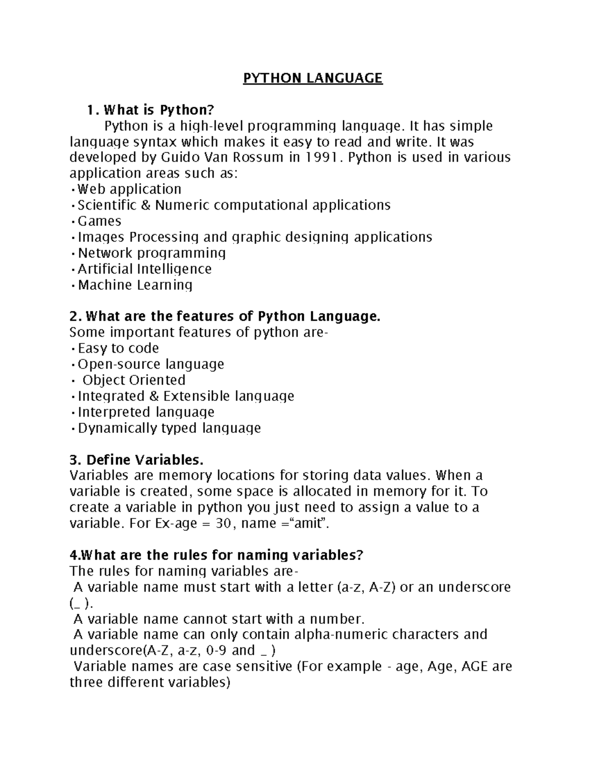 Class VII Python Programming Notes and Features Overview - Studocu