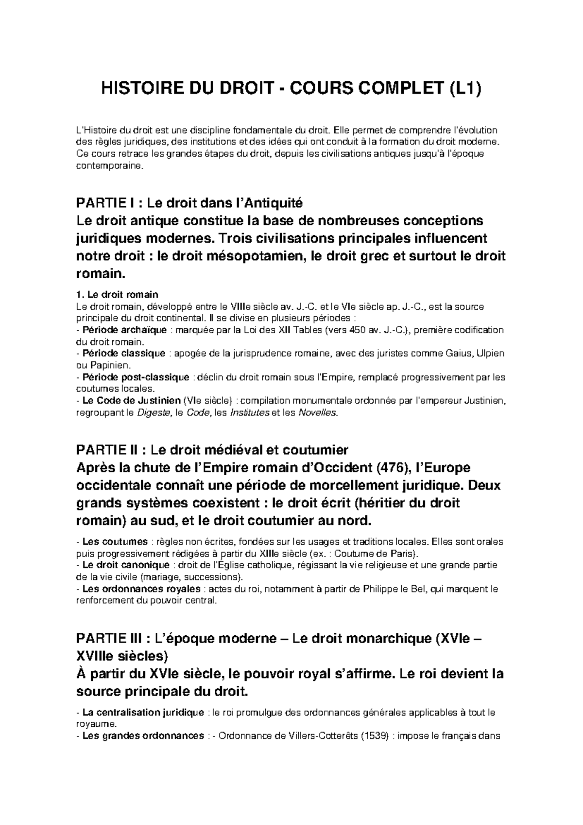 HISTOIRE DU DROIT L1 : Cours Complet et Éléments Clés - Studocu