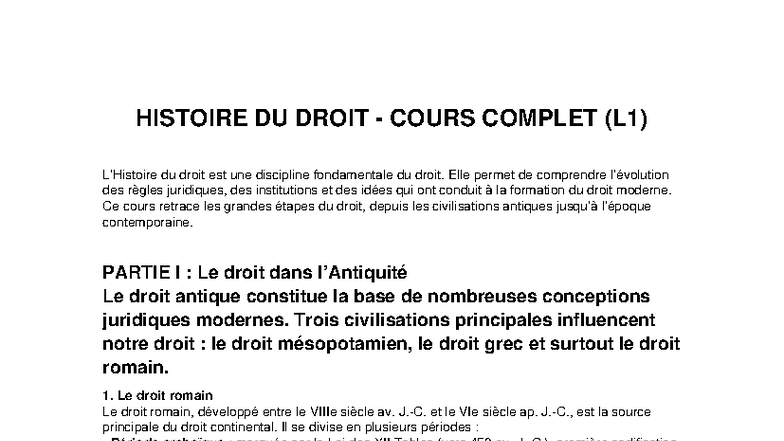 HISTOIRE DU DROIT L1 : Cours Complet et Éléments Clés - Studocu