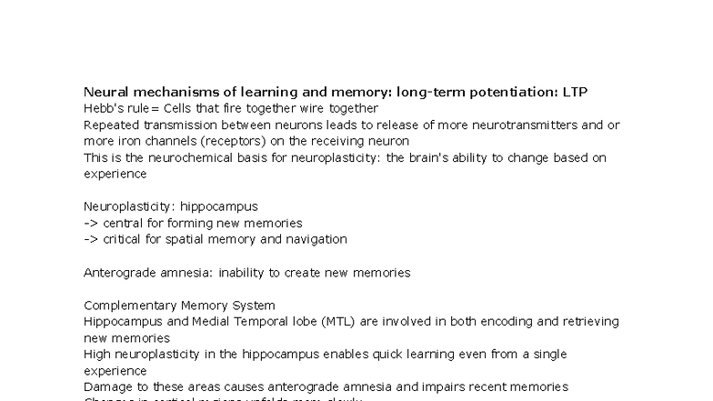 Psyc1011 Cognitive Psych: Neural Mechanisms of Learning & Memory - Studocu