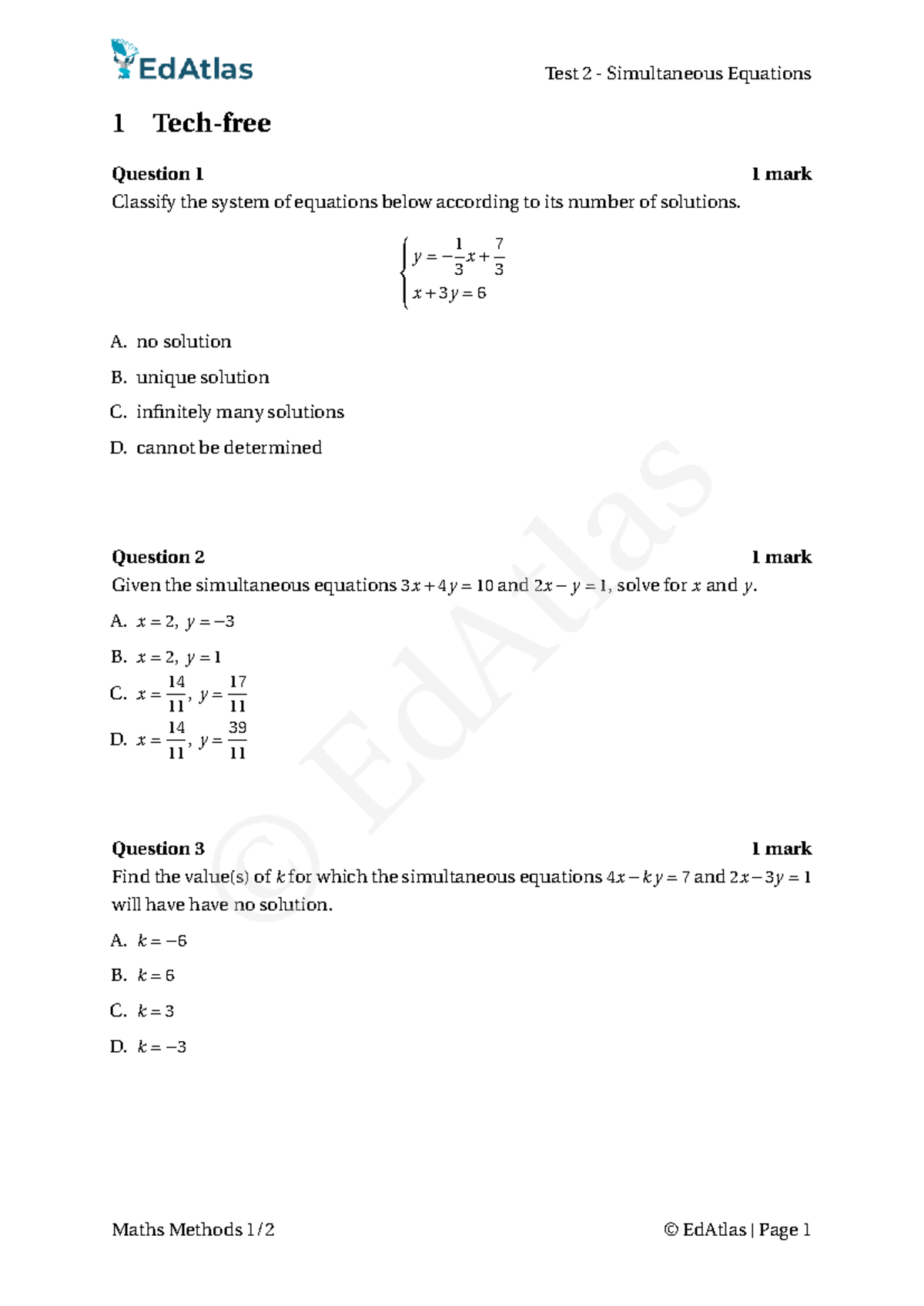 Test 2 - Simultaneous Equations Questions for Maths Methods - Studocu