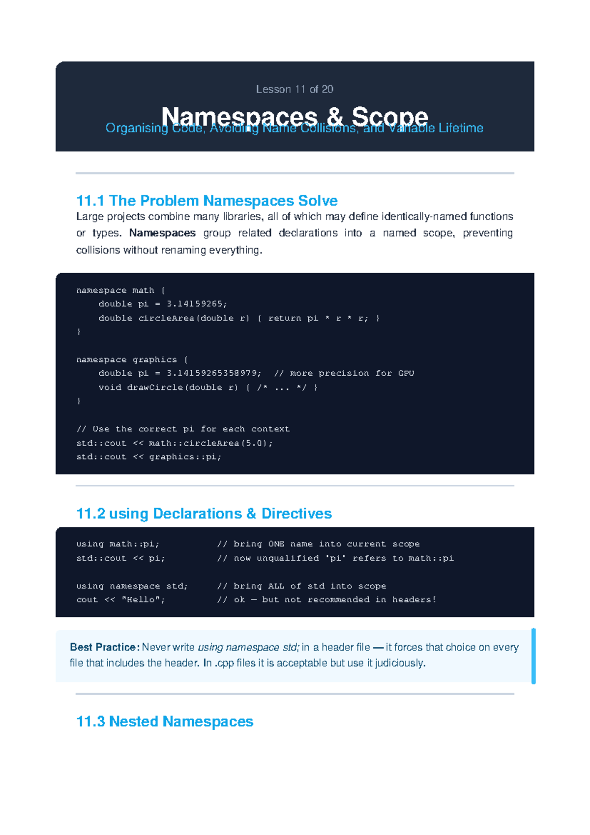 Lesson 11: Namespaces, Scope, and Variable Lifetime in C++ - Studocu