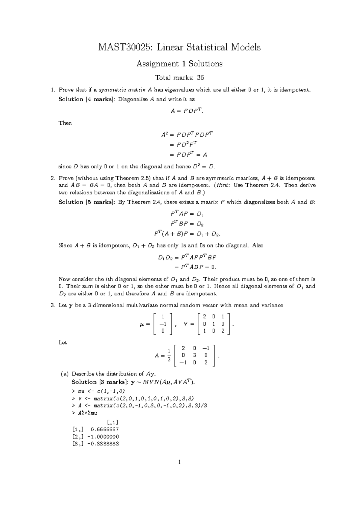 MAST30025: Linear Statistical Models - Assignment 1 Solutions - Studocu