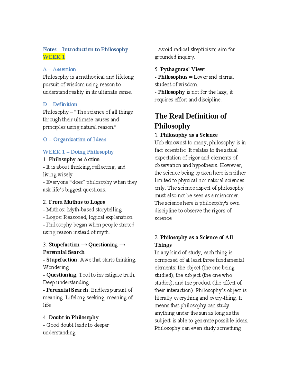 Notes PHIL 101: Introduction to Philosophy Weeks 1-2 Overview - Studocu
