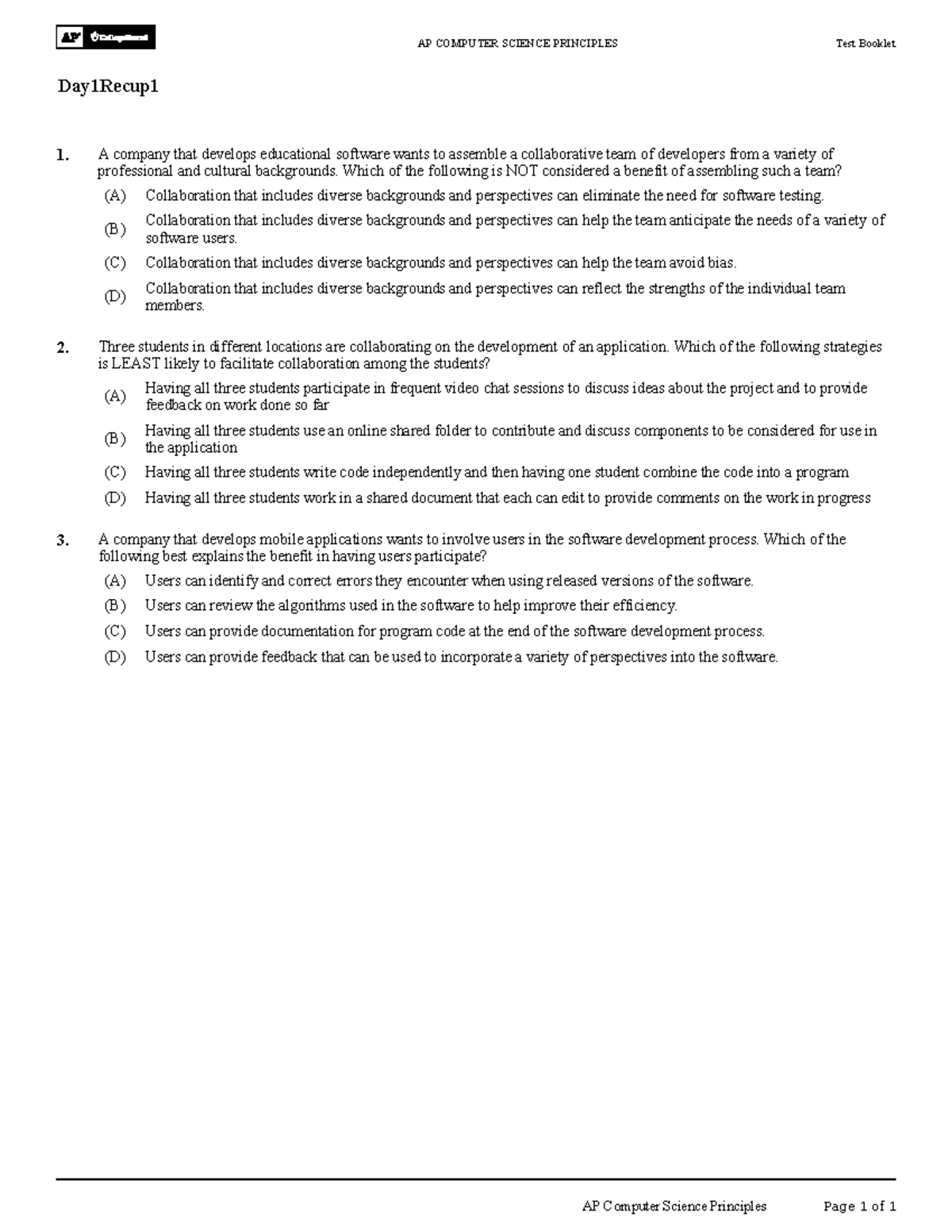 AP COMPUTER SCIENCE PRINCIPLES Test Booklet Day 1 Recap - Studocu