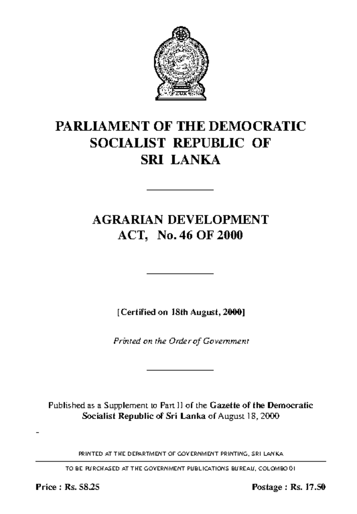 Agrarian Development Act, No. 46 of 18th August - Full Text Analysis ...