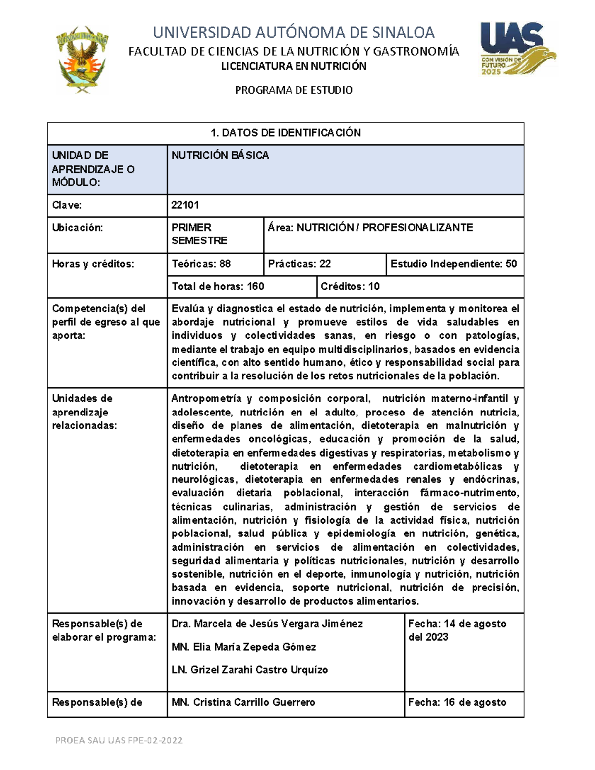Nutrición Básica - Programa de Estudios 22101 UAS - Document Preview