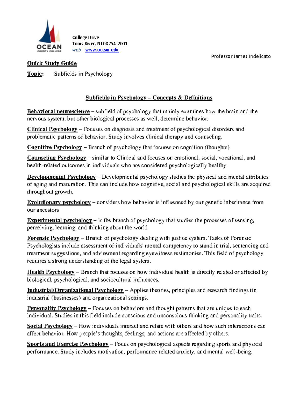 Psychology Subfields Overview - Quick Study Guide (PSY101) - Studocu