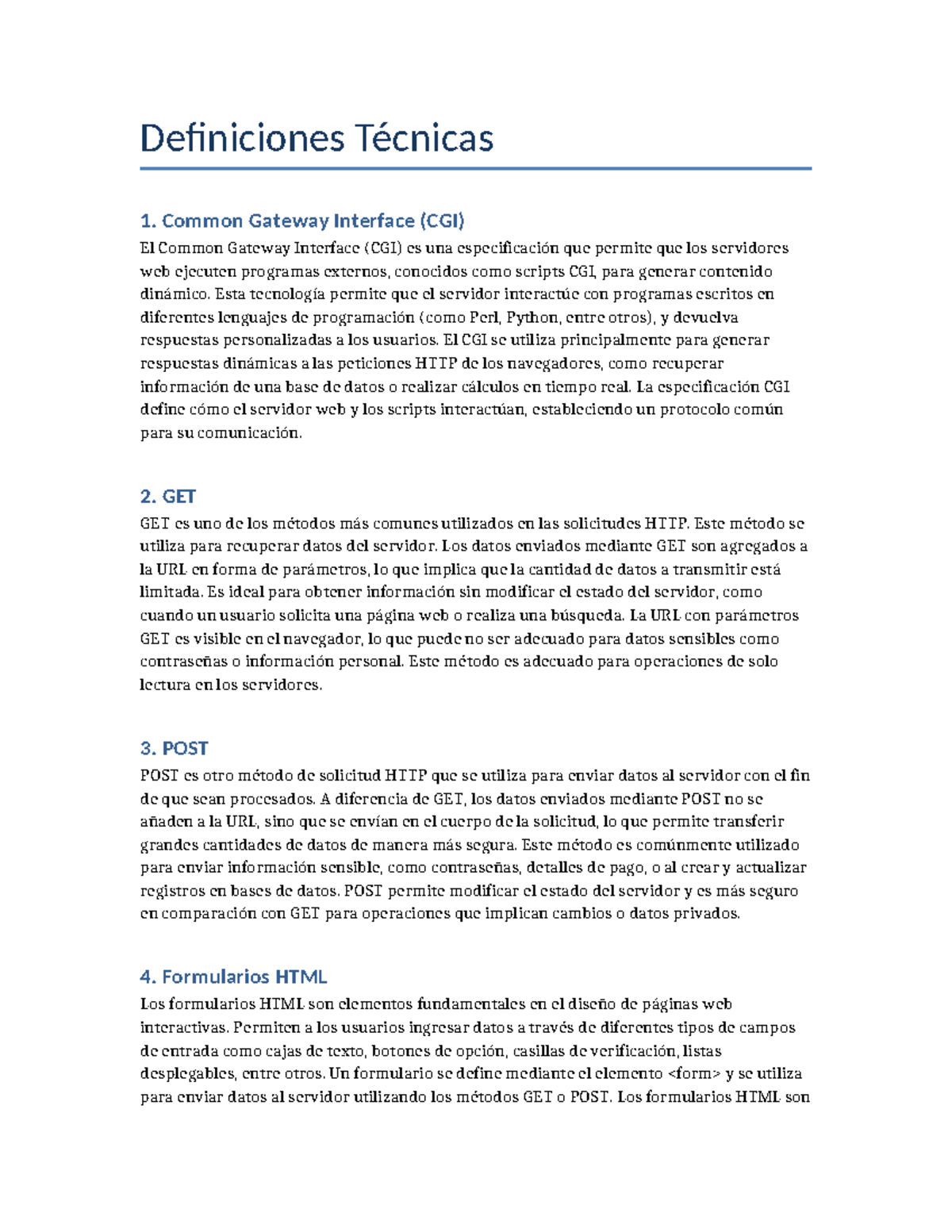 Definiciones Técnicas: CGI, GET y POST en Desarrollo Web - Studocu