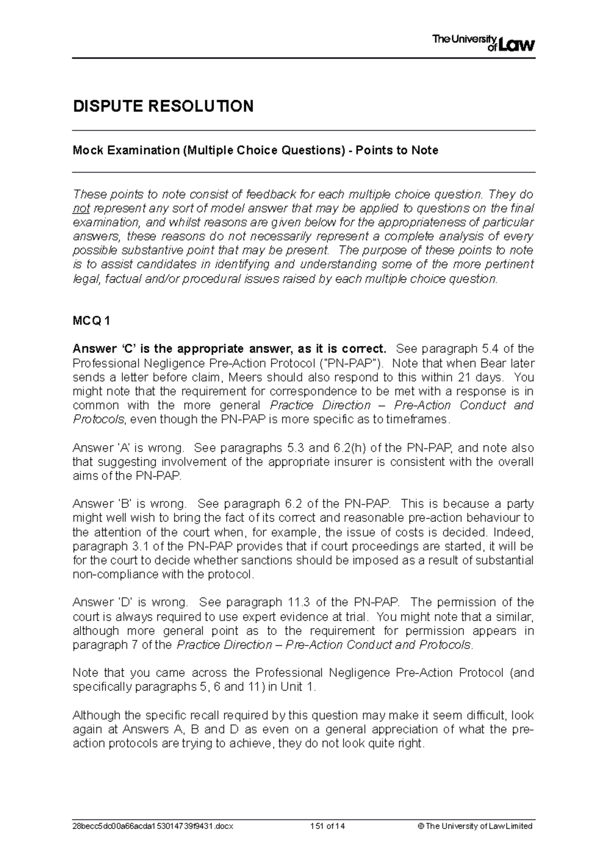 Dispute Resolution Mock PTN - MCQs & Written Answers Insights - Studocu
