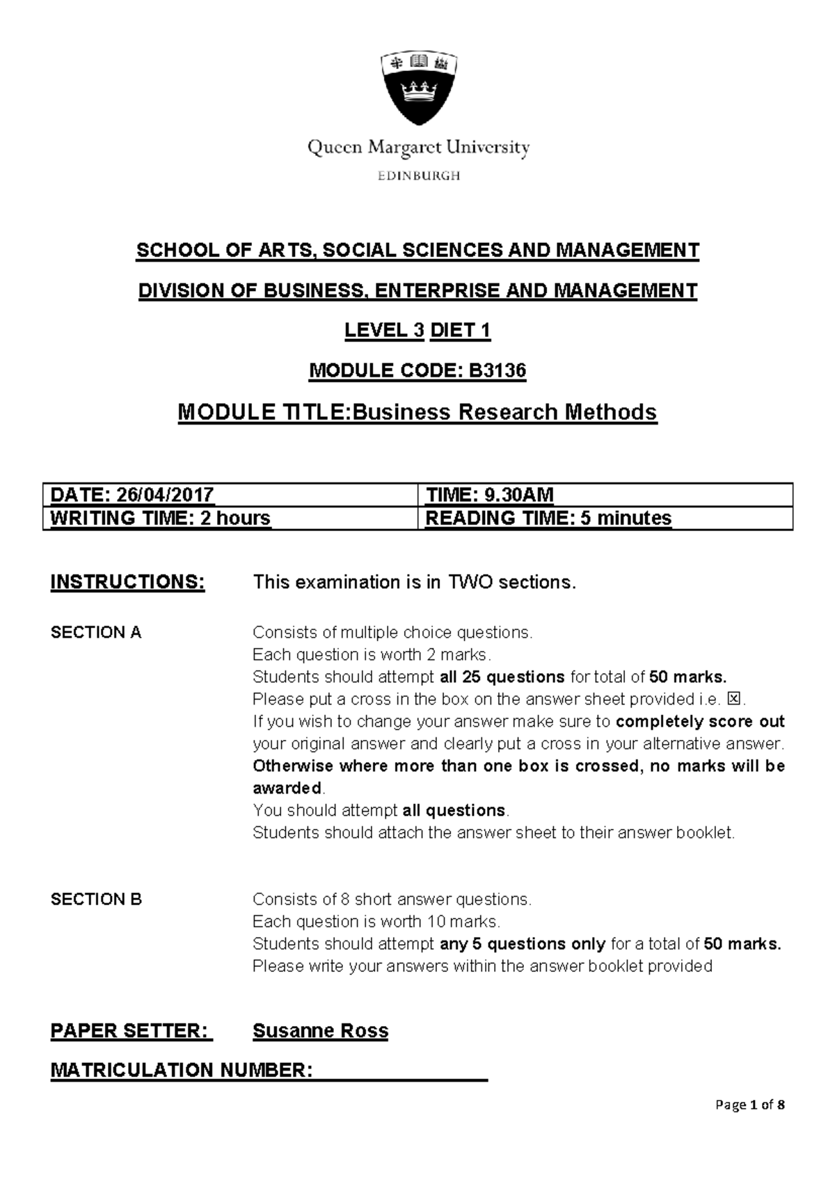 B3136 Business Research Methods Final Exam 2017 - Full Paper Guide ...