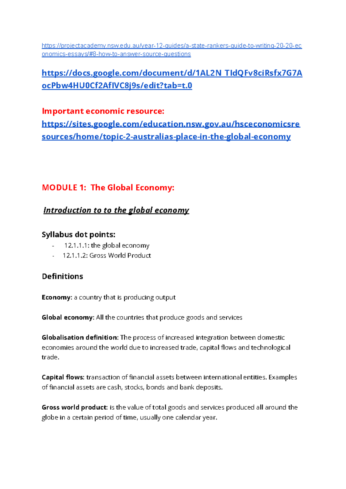 Economic Notes: MODULE 1 & 2 - The Global Economy Overview (Yr 12 ...