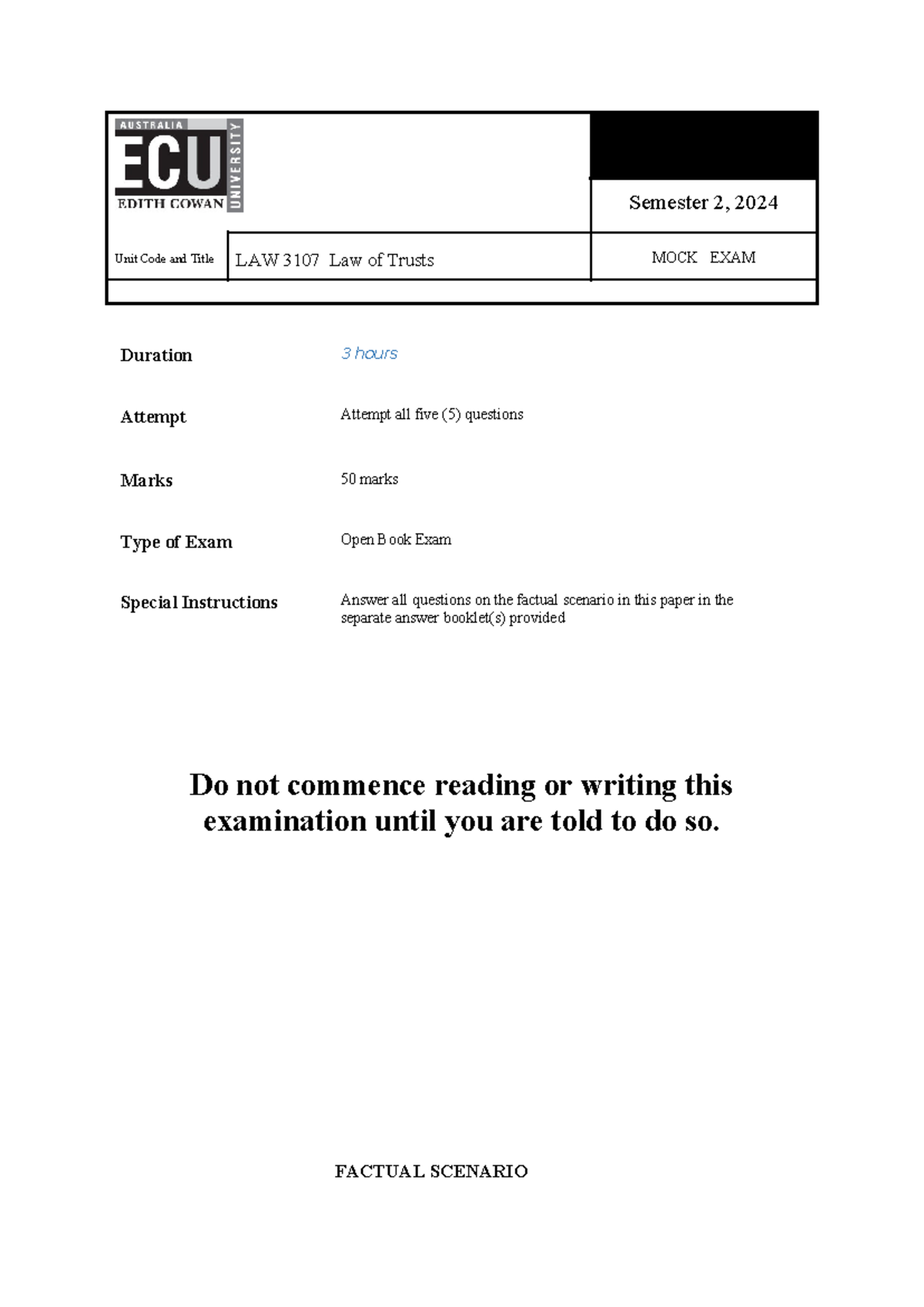 LAW 3107 Mock Exam - Trusts Scenario Analysis and Questions - Studocu