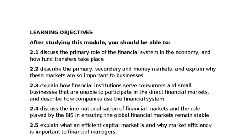 BCF 101 - Week 2: Overview of Financial Systems and Markets - Studocu