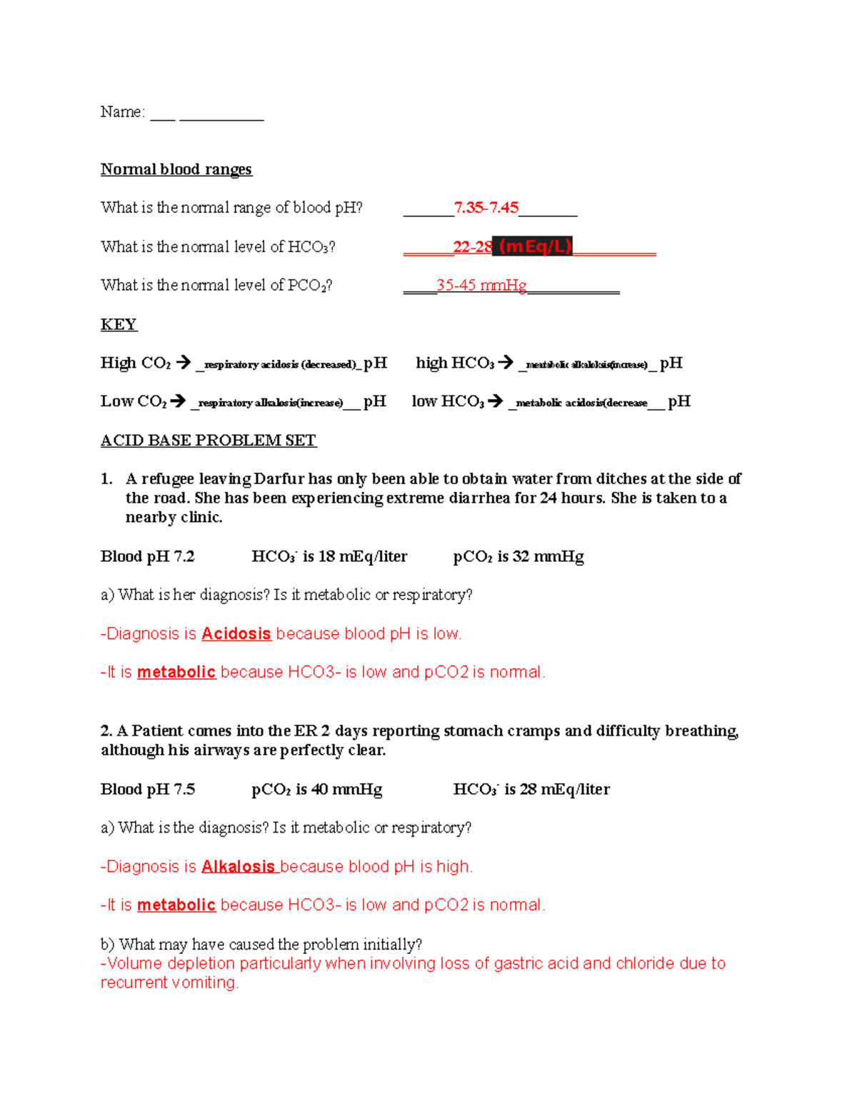 Acid-Base Problem Set 2020: Diagnosis & Analysis Guide - Studocu