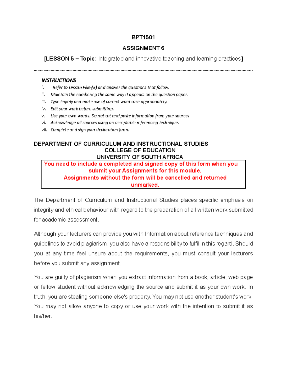 BPT1501 Assignment 6: Integrated Teaching & Learning Strategies - Studocu