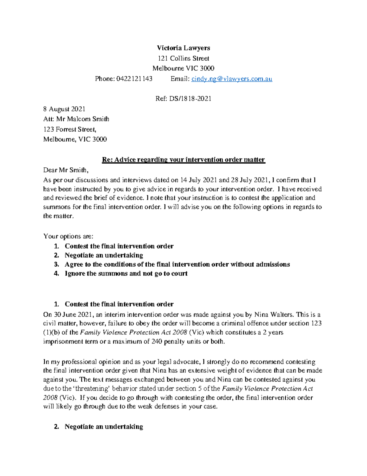 Re: Advice regarding Intervention order matter - LLW1003 - VU - Studocu